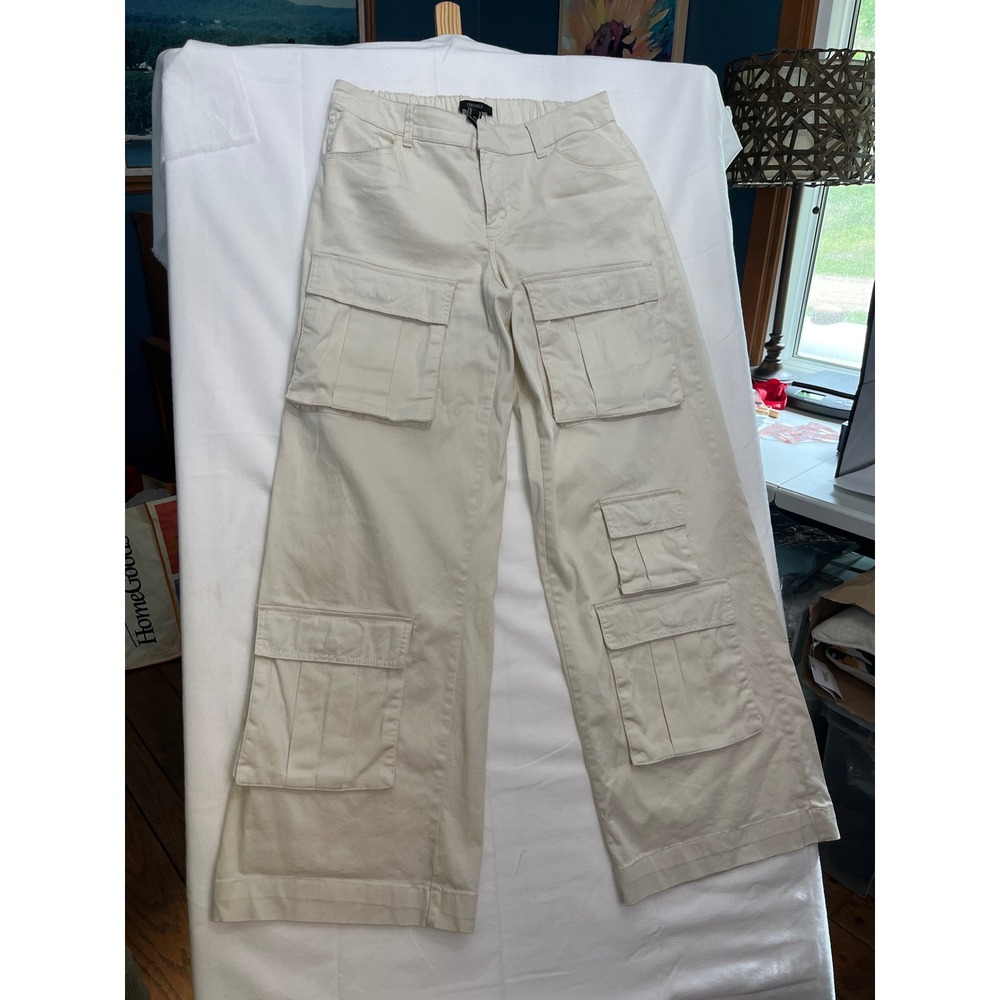 Forever 21 Cream Wide Leg Cargo Pants Womens Medium Utility Streetwear Off White